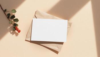 Blank card on a brown paper with a leaf on a beige background photo