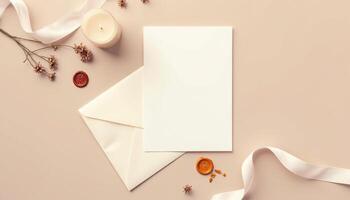 An open envelope with a white card and a candle photo