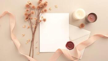 Blank paper, envelope, wax seal and candle on beige background photo