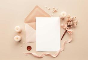 An open envelope with a blank sheet of paper, a candle and a ribbon photo