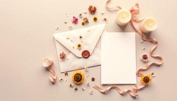 An open envelope with flowers and candles on a light background photo