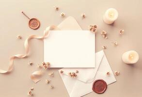 A blank card, envelope and candles on a beige background photo