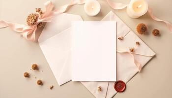 Blank white envelope with candles and flowers on a beige background photo