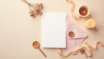 Blank paper, envelope, candle and spoon on beige background photo