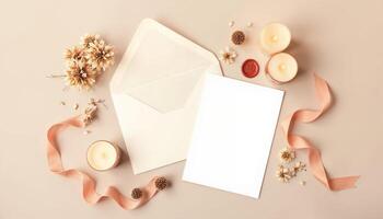 An open envelope with a blank sheet of paper and flowers photo