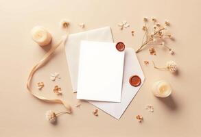 Blank paper, envelope and candles on a beige background photo