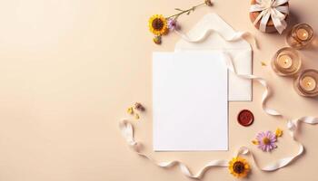 An open envelope with flowers and a candle on a beige background photo