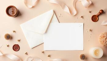 An open envelope surrounded by candles, coffee and other items photo