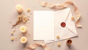 An open envelope with candles and flowers on a light background photo
