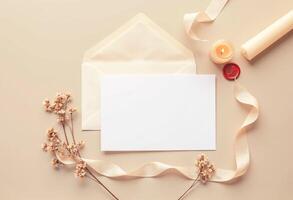 An envelope, paper, and a candle on a beige background photo
