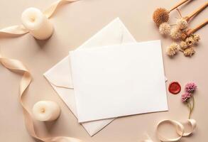 An open white envelope with candles and flowers photo