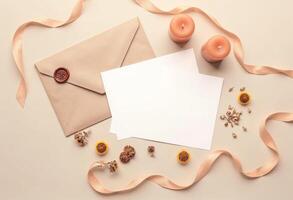 An envelope with a blank sheet of paper, a candle and a ribbon photo
