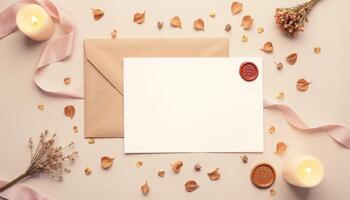 Blank envelope with wax seal and candles on a light background photo