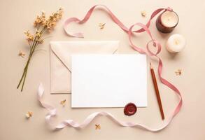 An open envelope with a blank sheet of paper, a candle, and a rose photo