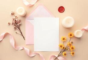 An open envelope with flowers and candles on a beige background photo