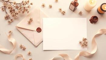 An envelope with a blank sheet of paper, candles and flowers photo