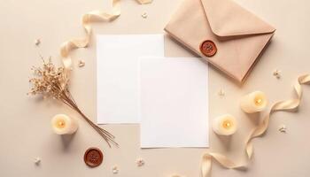 An envelope, paper and candles on a beige background photo