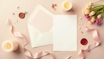 An open envelope with pink ribbon and flowers photo
