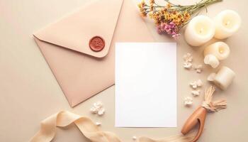 An envelope with a blank sheet of paper, candles, and flowers photo