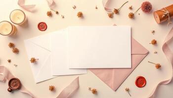 Blank white envelope with wax seal and flowers on a white background photo