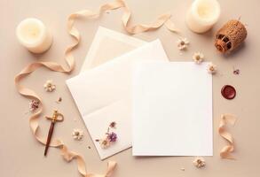 An open letter with a blank sheet of paper, candles and flowers photo