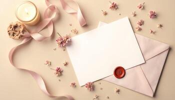 An open envelope with pink flowers and wax seal photo