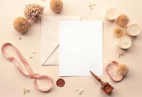Blank paper, envelope, candle and ribbon on a beige background photo