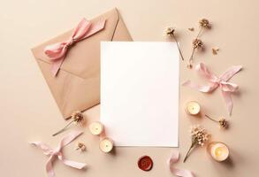 An open envelope with pink ribbons and candles photo