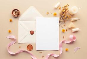 An open envelope with a blank card and flowers photo