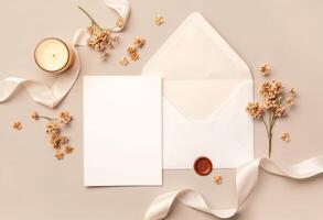An open envelope with a candle and flowers on a beige background photo