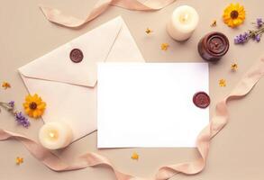 An envelope with a wax seal, flowers and candles on a beige background photo