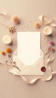 An open envelope surrounded by flowers and candles photo