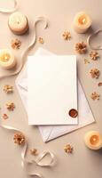 An envelope with candles and a blank card on a beige background photo