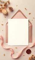 Blank envelope with wax seal and flowers on a beige background photo