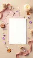 Blank white paper with flowers and ribbon on a beige background photo