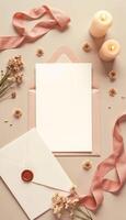An open envelope with a note, candles and flowers photo