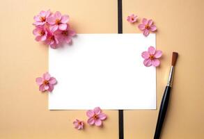 Pink flowers on a yellow background with a blank paper and a paintbrush photo