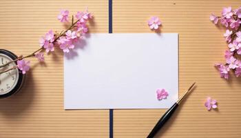 A blank paper, a clock, a pen and a flower on a wooden table top view photo