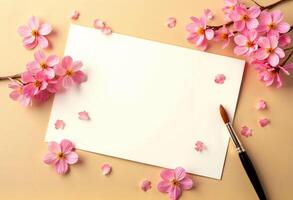 A blank sheet of paper with pink flowers and a brush on a yellow background photo