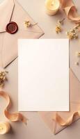 Blank paper, envelope and wax seal on a beige background photo