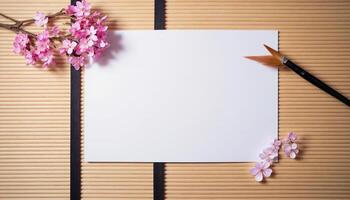 A blank paper and a brush on a bamboo background photo