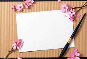 A blank paper and a pen on a brown paper background with cherry blossom photo