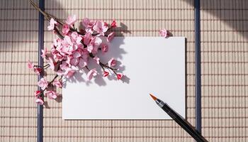 A blank piece of paper with a cherry branch and a pen on a bamboo mat photo