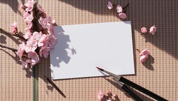 A blank note and a pair of scissors on a brown background photo