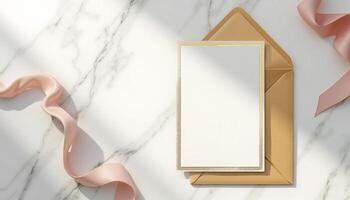 An envelope with a blank card on a marble surface photo