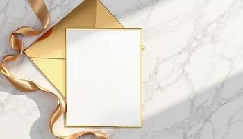 Golden envelope with a blank card on a marble surface photo