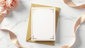 An envelope with a gold frame and a rose on a marble surface photo
