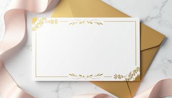 An envelope with a gold frame and pink ribbon photo