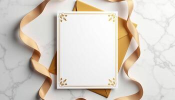 Golden envelope with envelope and ribbon on marble background photo