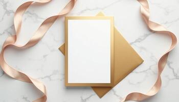 Golden envelope with ribbon and blank card on marble background photo